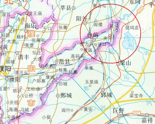 红线所示为台前县境内消失的大运河河段