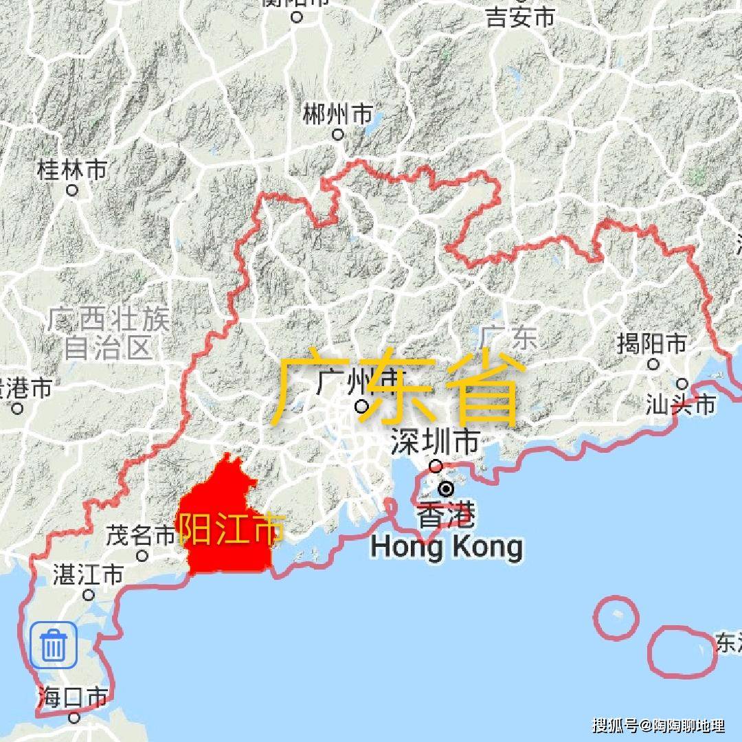 阳江市在广东省的地理位置图阳江市的南部靠海区域和漠阳江两岸为浅丘