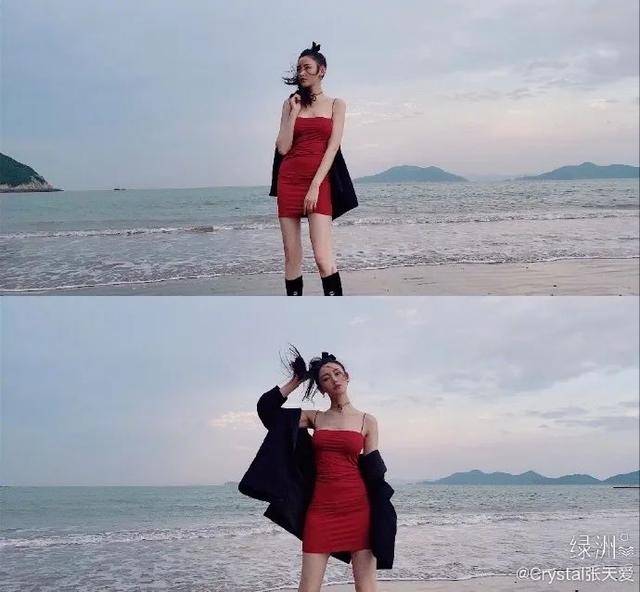 曲线|张天爱海边红吊带裙秀香肩曲线玲珑！雪肤娇嫩魔鬼身材