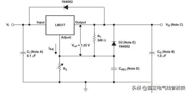 由lm317构成的稳压电路外围结构比较简单,只需滤波电容和控制电压的