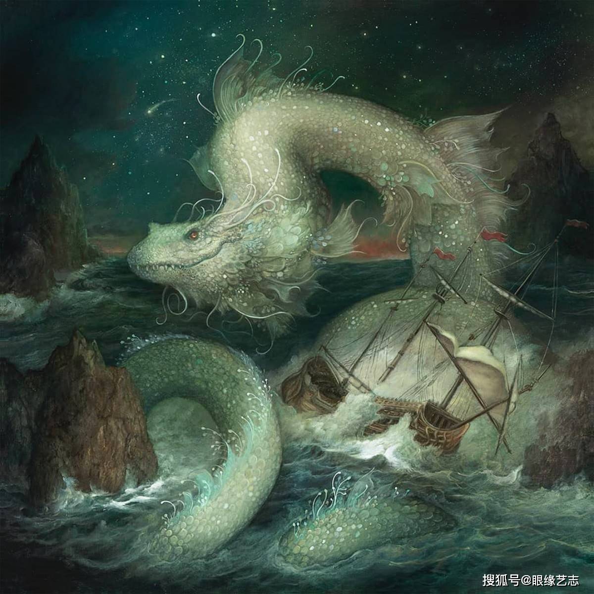 原创暗绿色的唯美幻光北欧神话的觉醒油画中的诸神黄昏