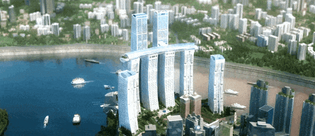 5万平方米,最高的塔楼高350米,整个建筑包括8栋塔楼,1座裙楼,还有一座