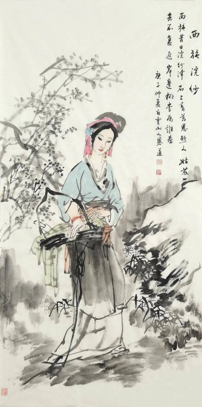 中国古美術・仕女図三尺画芯・純手描き・工筆・彩色画・仇英印款・書道・宣紙・带水印 Vintage Traditional Chinese Asian art ink meticulous