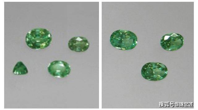 左:天然钒金绿宝石;右:合成钒金绿宝石;图源:gia
