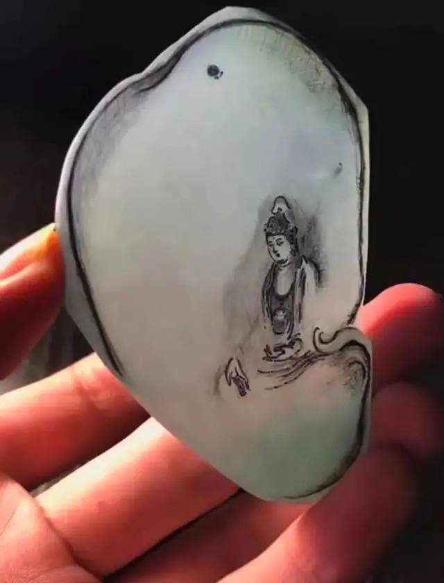 一块高冰翡翠片料起货简单庄严观音牌效果太惊喜了