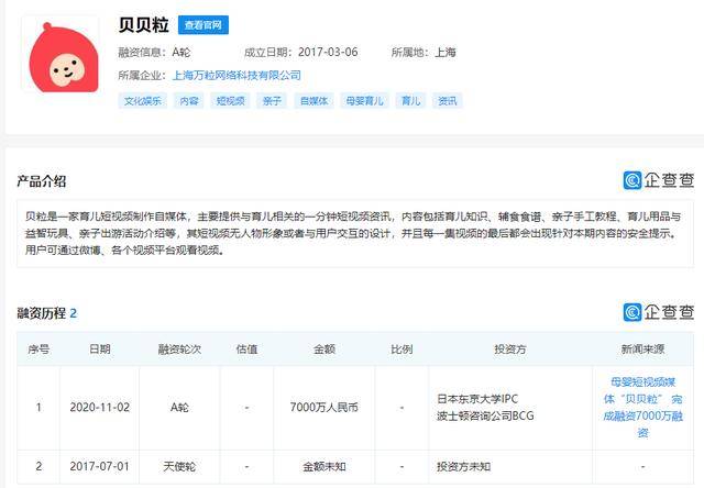 贝贝|母婴短视频媒体“贝贝粒”，完成7000万融资