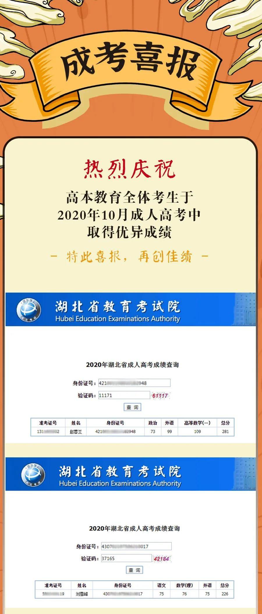 喜报| 恭喜高本学员于2020年成人高考中取得优秀成绩!