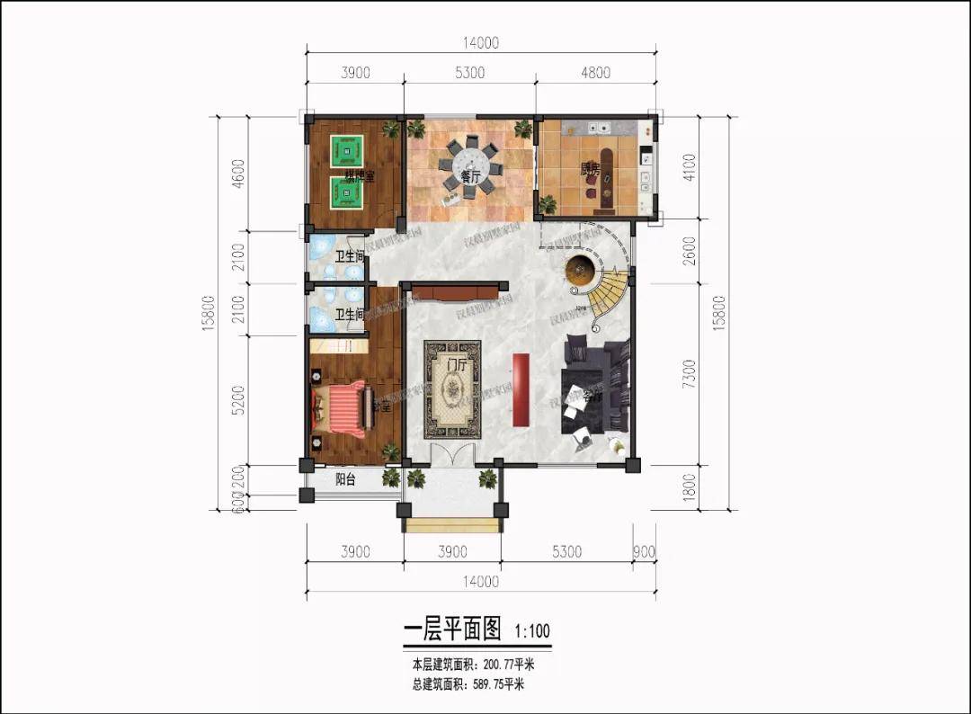 一层平面功能布置:门厅,客厅,餐厅,厨房,卧室,棋牌室,卫生间x2,楼梯