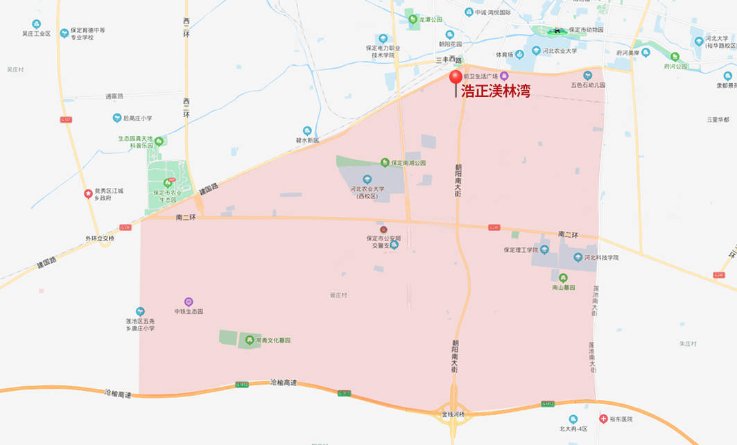 "汽车园"以保定朝阳大街为东西中轴线,东至莲池大街,西至南二环与