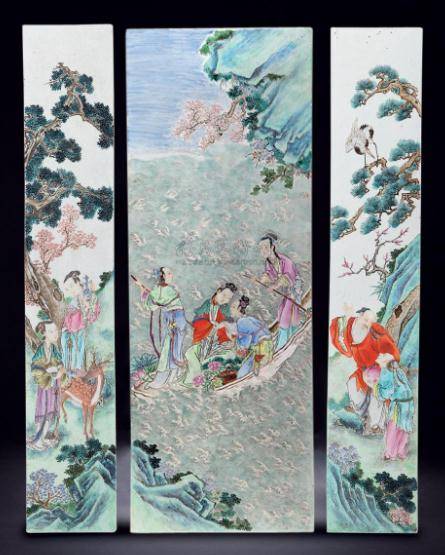 清·乾隆 粉彩《瑶池赴会》中堂瓷板挂屏 (一套) rmb 1,380,000