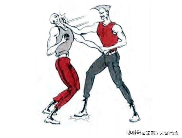 六,闪身砸肘1,敌方以左格斗式,冲右直拳向我腹部击来;面对歹徒的进攻