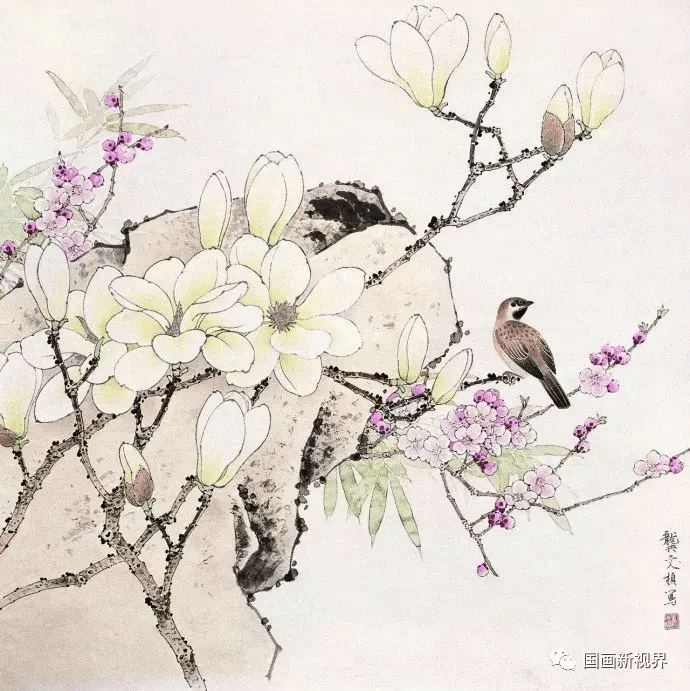 龚文桢 花鸟 好洁白的玉兰花,春色关不住!