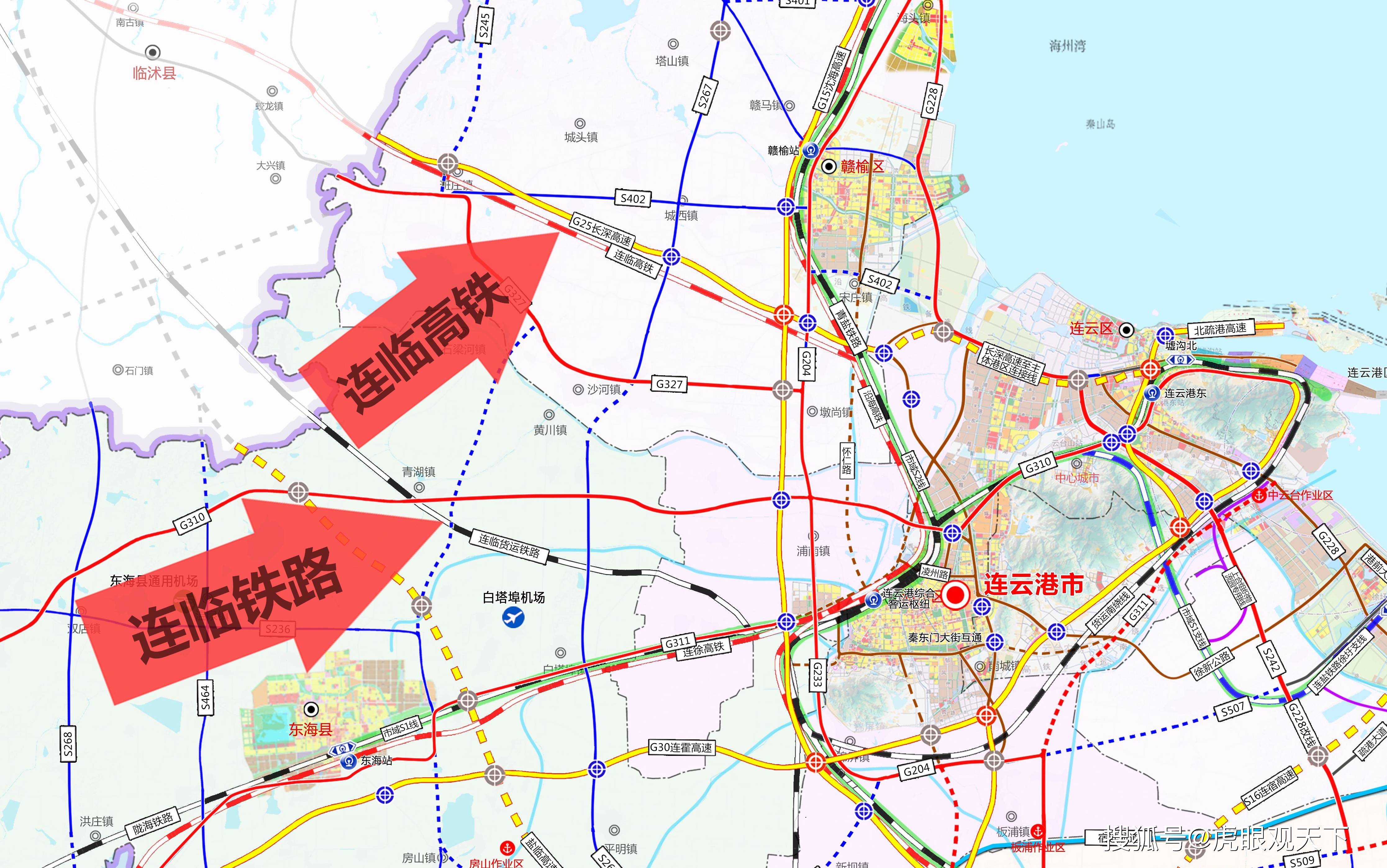 规划的连临高铁在赣榆青口镇南接入规划的沿海高铁,沿g25线路走向至