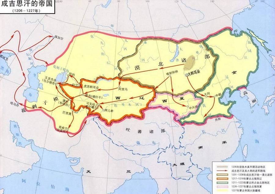 蒙古攻灭金,西夏及西征形势图