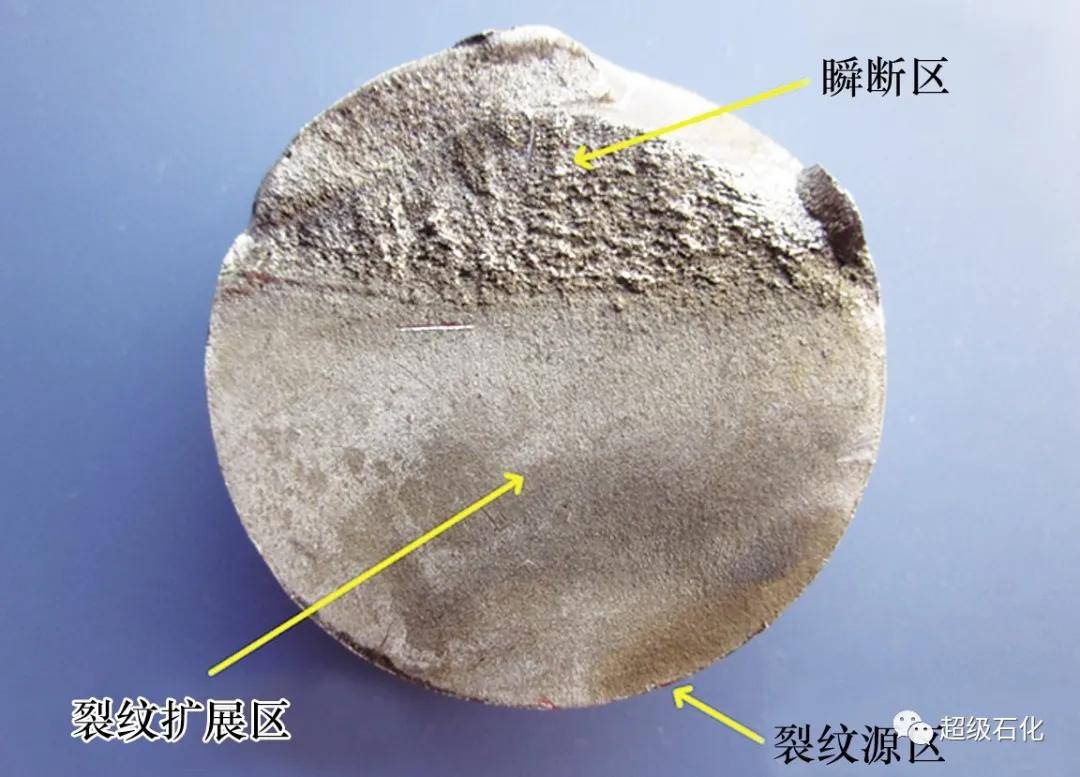 裂纹扩展区的断口平坦,没有明显的塑性变形,断口上有"贝纹状"的疲劳