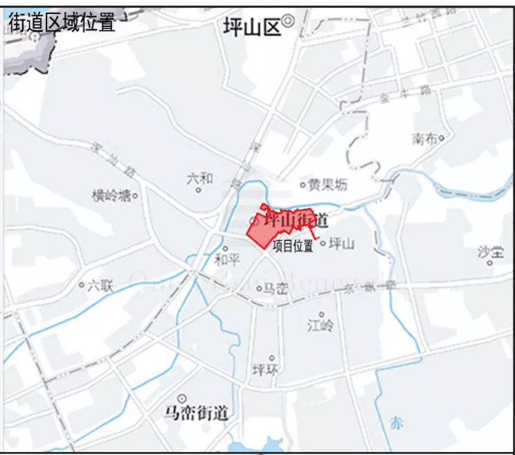 项目位于坪山区坪山街道,地处坪山中心区,东临国兴寺,南临建设路,西临