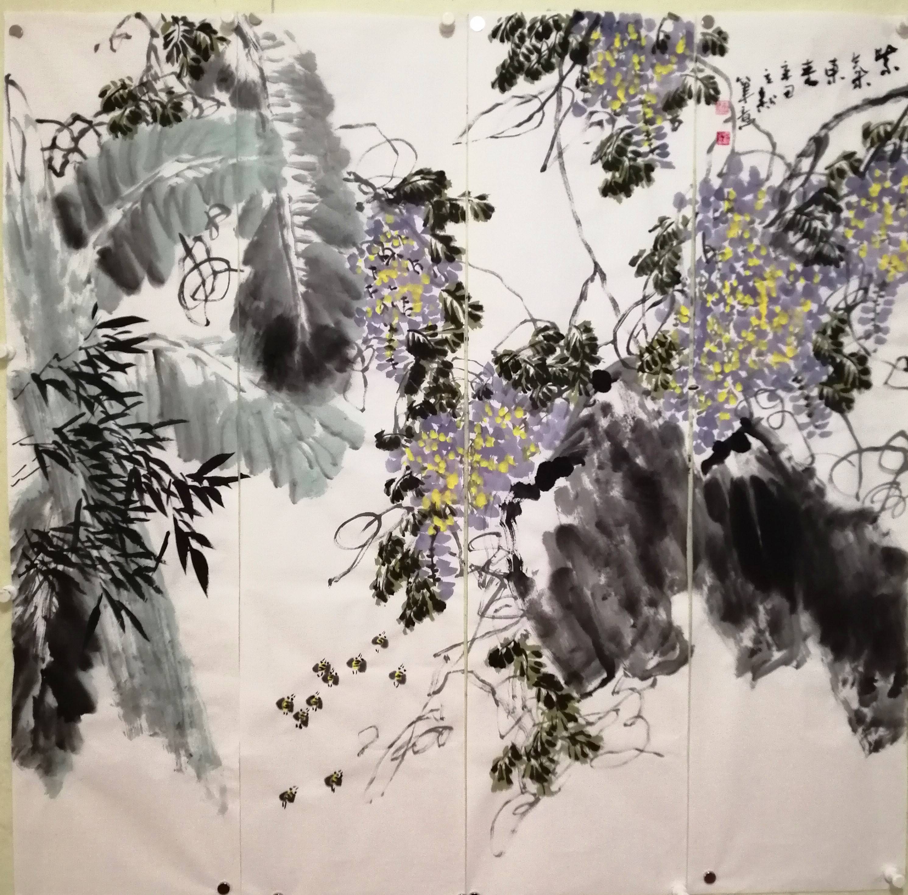 花鸟画家李立新2021年作品,四尺对开通景屏国画紫藤