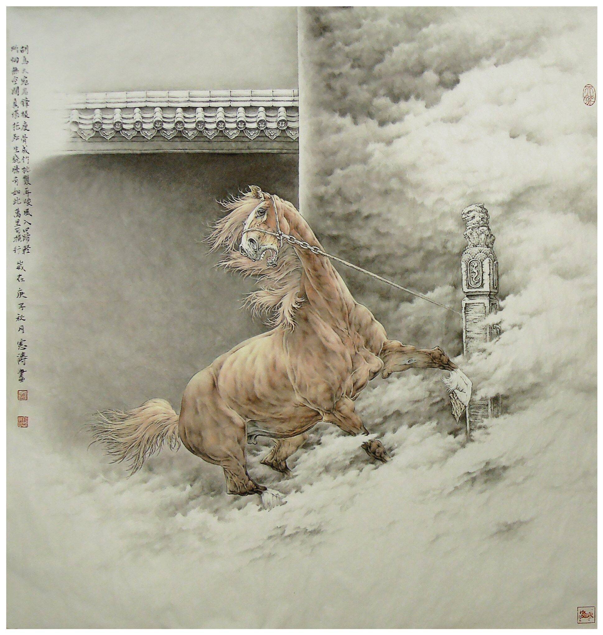 近年来孟宪涛尝试了写意马,可谓独树一格,他不但工笔马画得好,写意马
