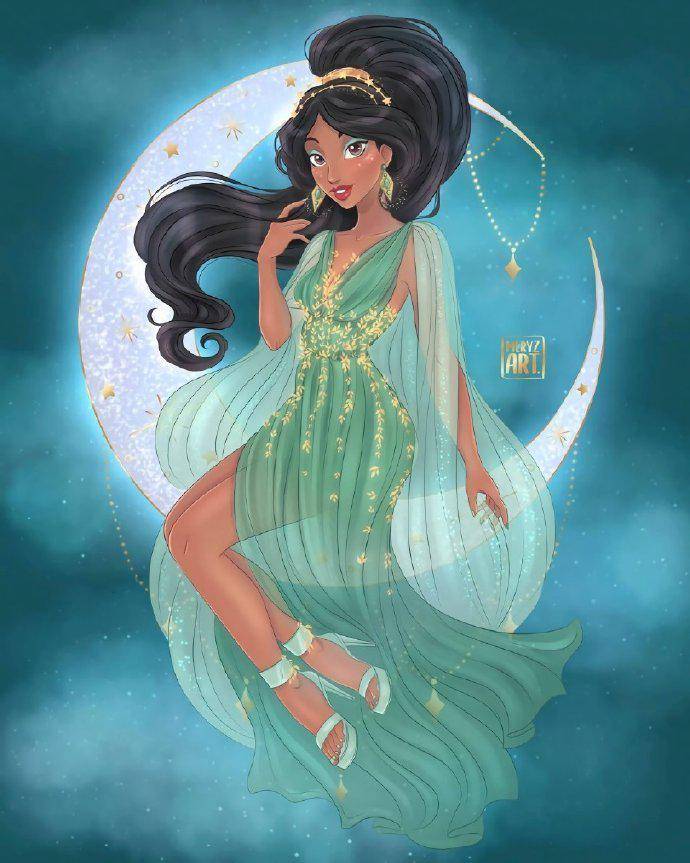 坐在月亮上的迪士尼公主,艾莎女王闪闪发光,茉莉公主已黑化