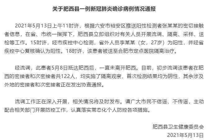 5月14日0-24时,安徽省报告新增确诊病例3例,(合肥市1例,六安市2