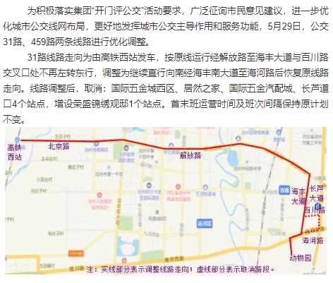 5月29日起沧州31路,459路公交线路进行优化调整