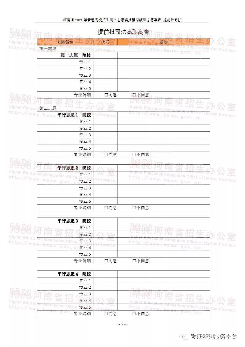 河南省2021年高考网上志愿填报模拟演练志愿草表