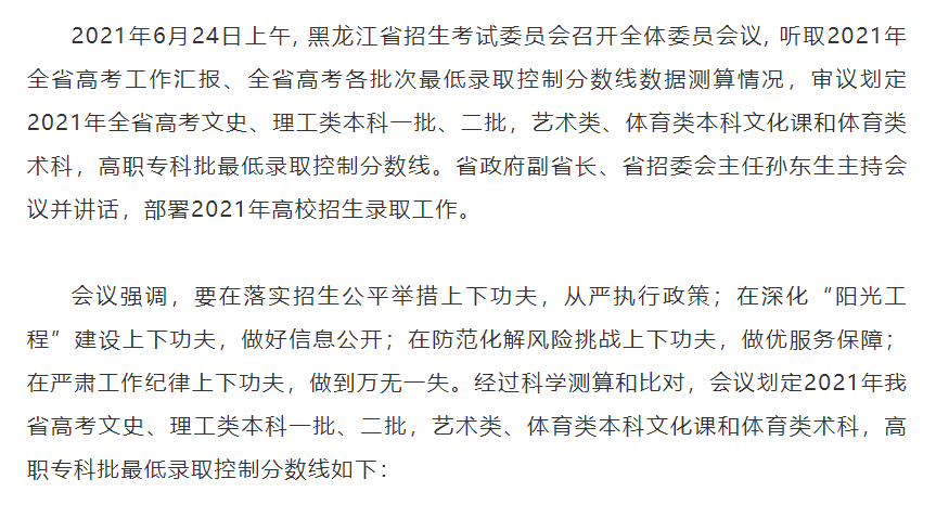 2021黑龙江高考分数线(一本二本专科)