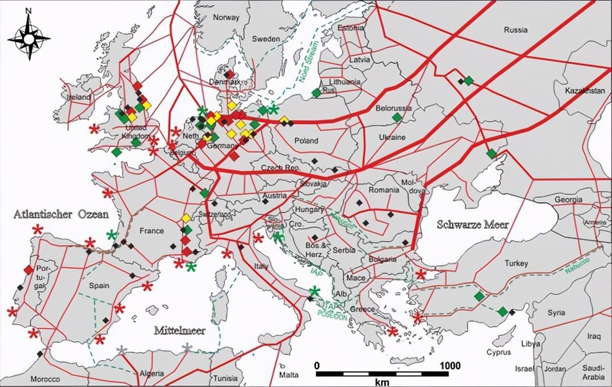 (上图是最齐全的欧洲天然燃气管道设施,进口来源除了俄罗斯之外,还有