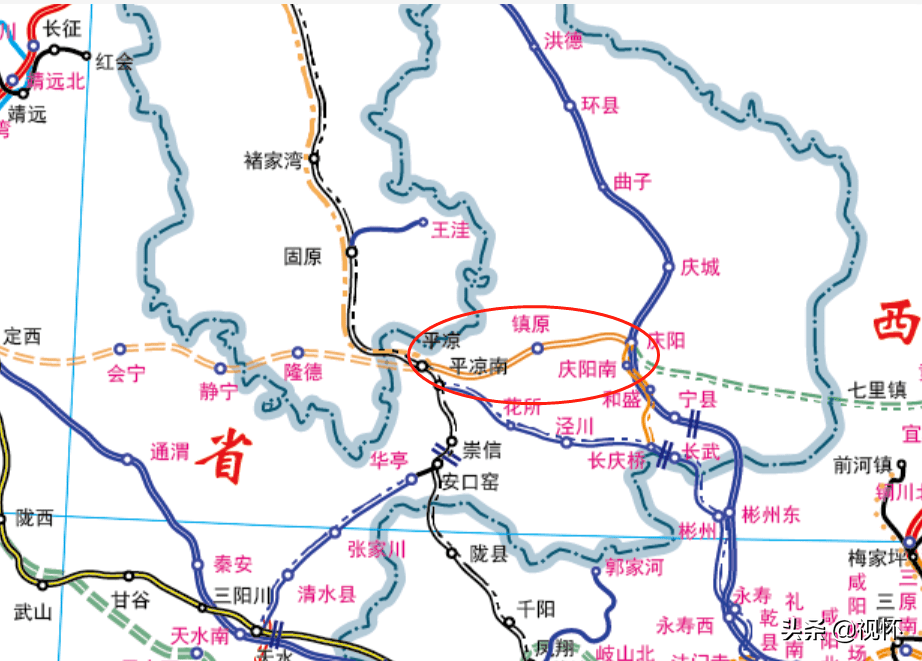 1,平庆铁路:线路东起甘肃省庆阳市,经镇原县向西至平凉市,连接陇东