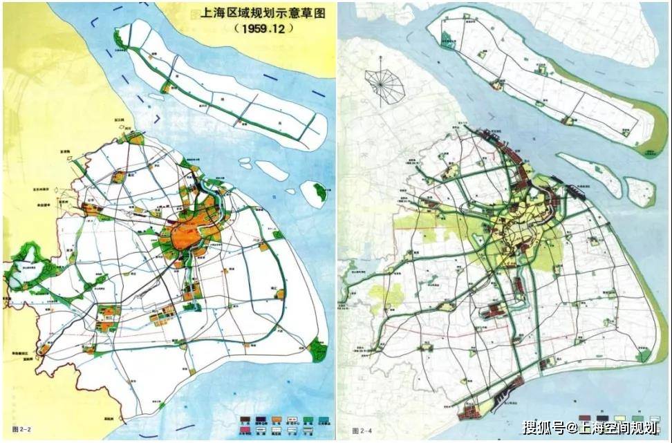 左图为 1959 年上海市城市总体规划卫星城镇布局图,右图为 1982 年