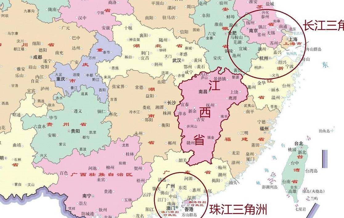 江西省距离我国经济最发达的长江三角洲地区和珠江三角洲地区都比较近