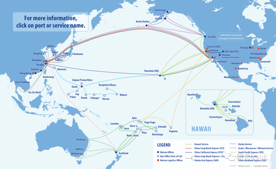 美森轮船的跨太平洋服务航线有很多条,譬如下图中的这些国际线路