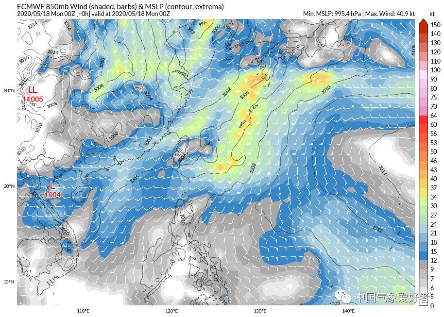 5月18日早上8点850百帕风向图可见,南海大部已转为西南风,中气爱制作