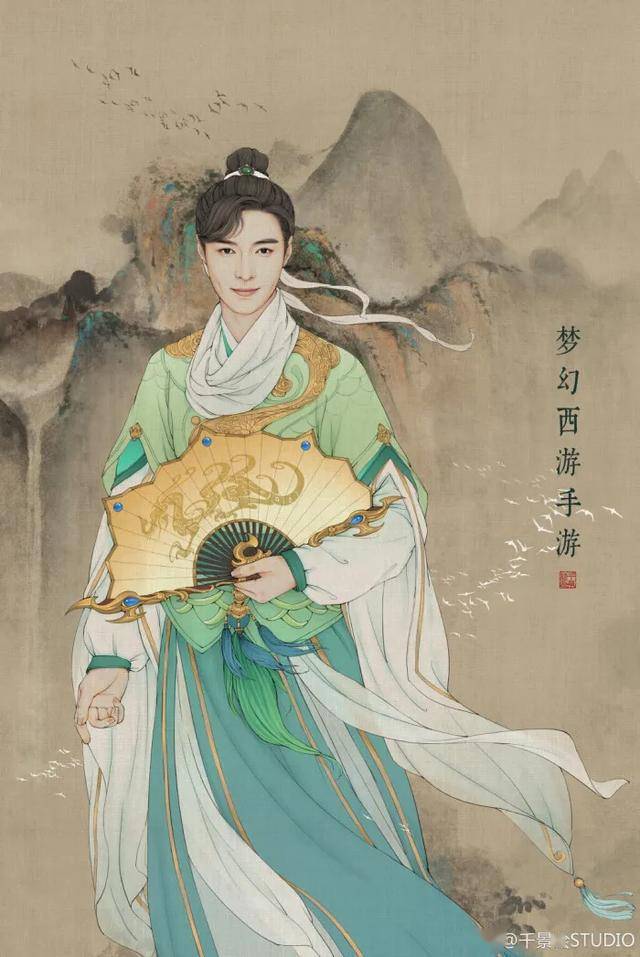 古风男子持扇图 七宝画团扇 灿烂明月光