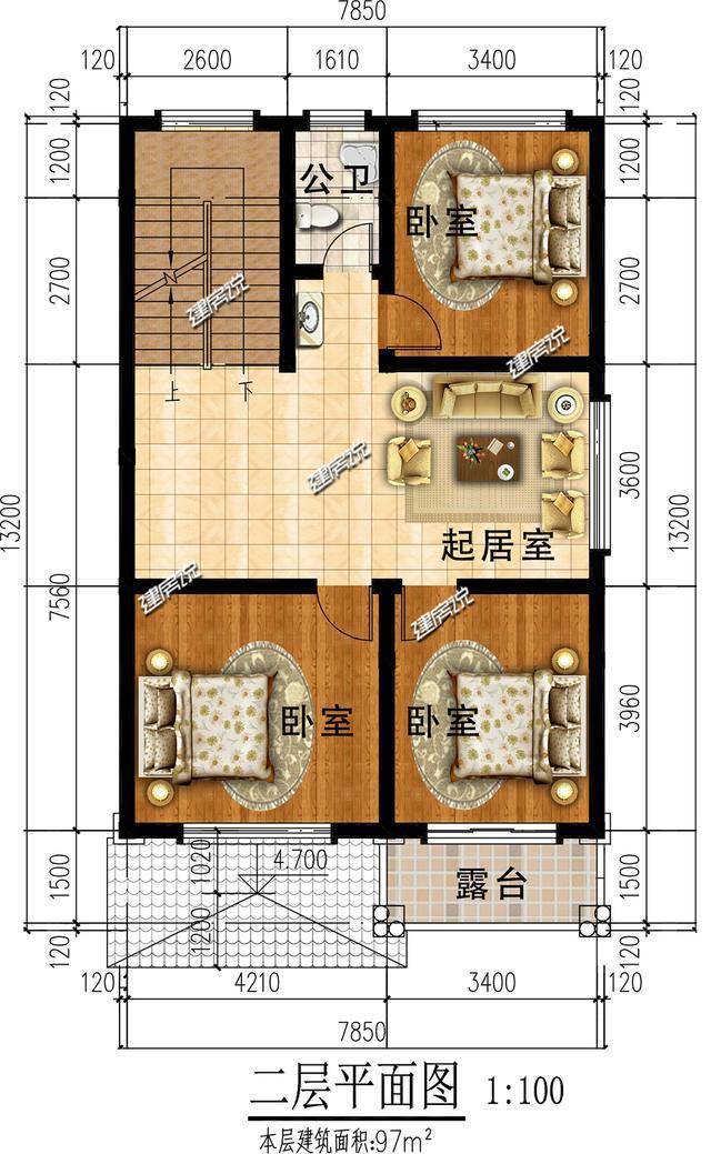 露台面宽8米别墅3层数:3层,结构形式:砖混结构,造价25-30万,开间8