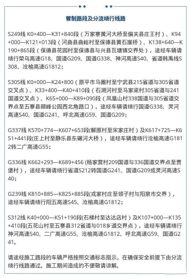 忻州市辖区s249线、s305线、g337线、g336线、g239线及s312线等六条国省道将进行