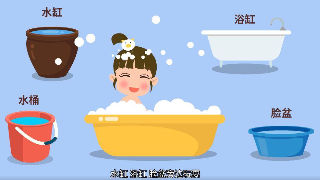 小朋友自己或和别的小朋友一起在盛水的水桶,水缸,浴缸,脸盆旁边玩耍