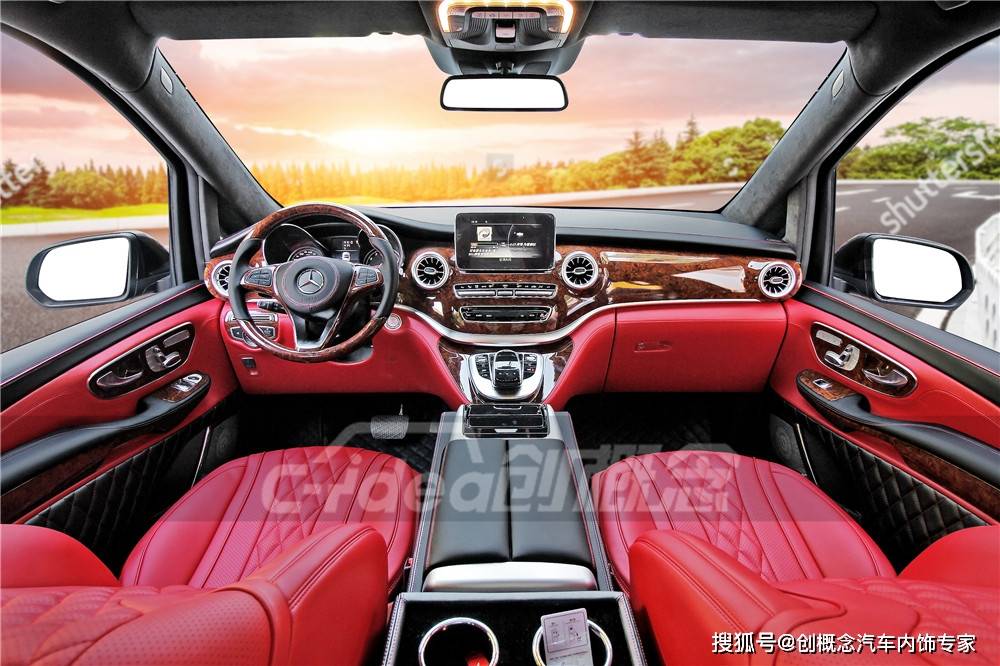 深圳奔驰v260改装奢华黑红色内饰,七座无隔断,这个内饰改装太壕了