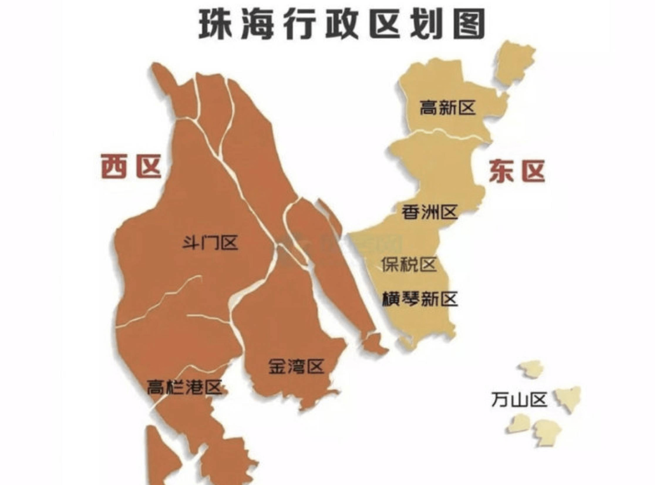珠海市下辖3个行政区(香洲区,金湾区,斗门区,5个主要经济功能区(横琴
