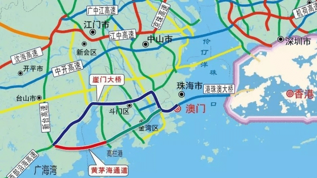 远期规划的黄茅海跨海通道,起于珠海市高栏港区,东连港珠澳大桥,西连