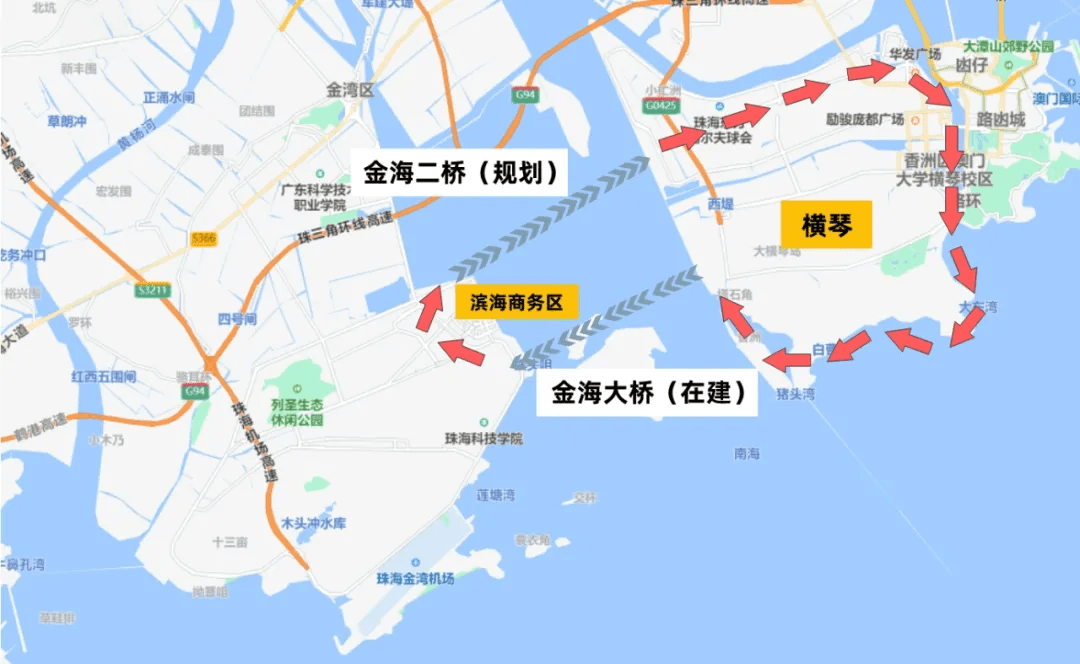 从地图上来看,湖滨路位于金湾滨海商务区内,环岛北路则是横琴新区