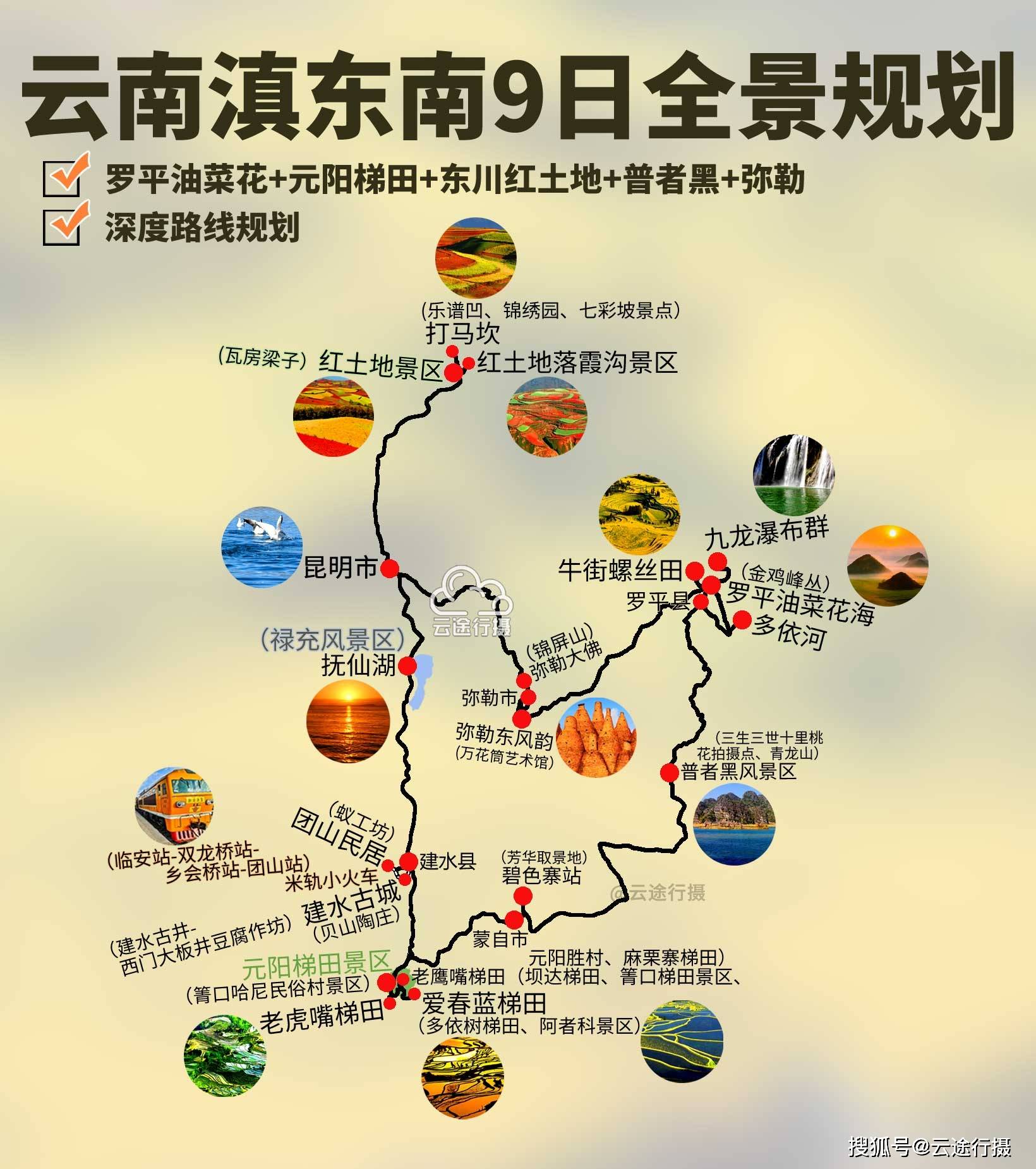 云南滇东南9日全景旅游攻略路线图（原创），赏罗平油菜花田+元阳梯田+普者黑