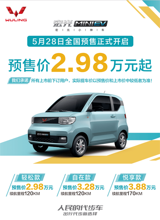 五菱品牌旗下首款四座新能源车—宏光mini电动车正式开启预售