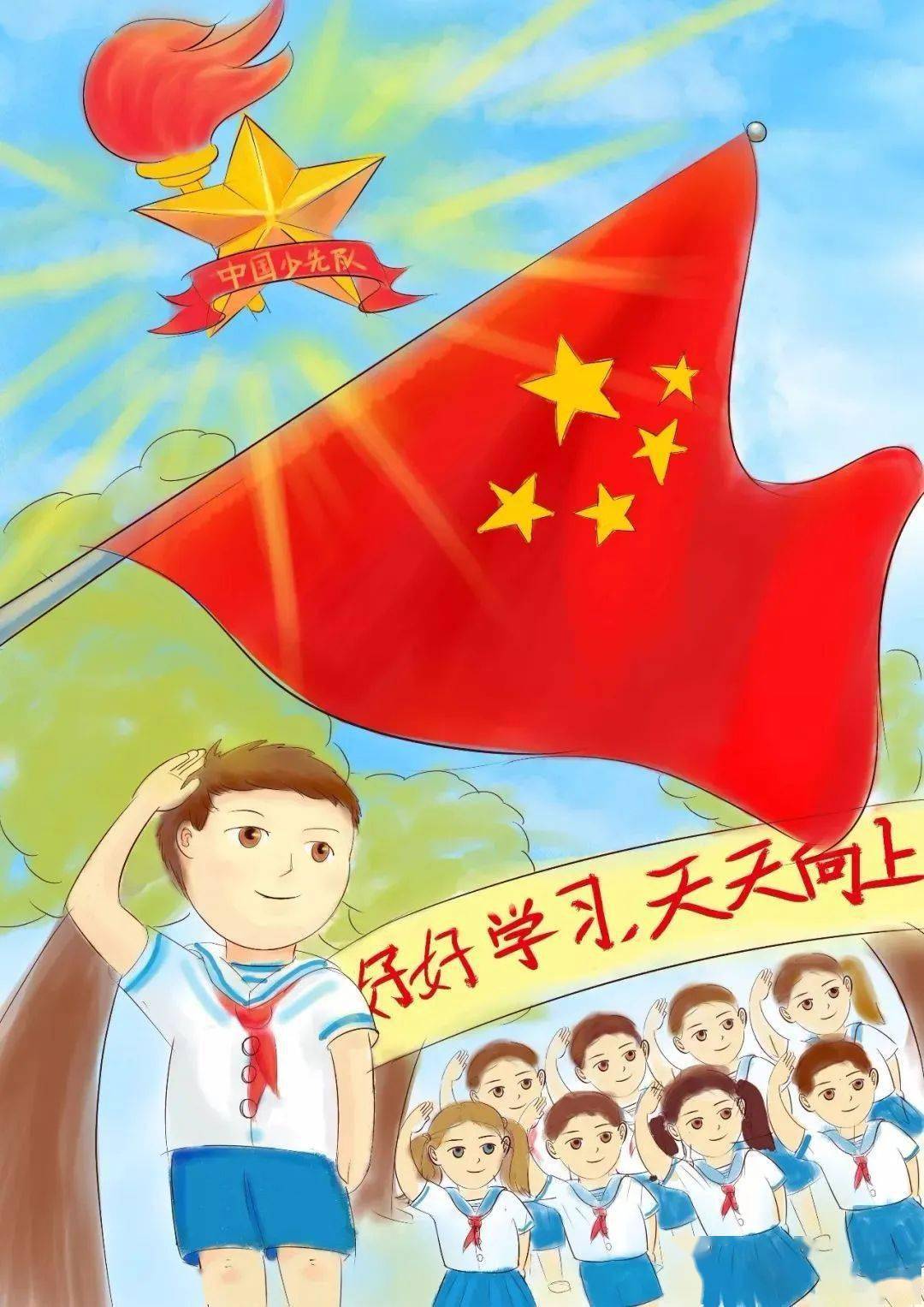 激扬的队歌,飘扬的队旗,整齐的队伍,鲜艳的领巾,以红色为主基调的