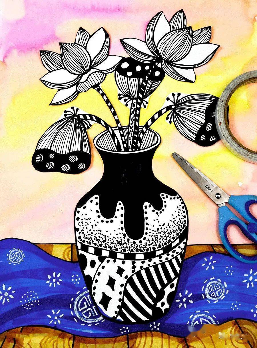 教程|创意线描--花瓶里的夏日荷花和莲藕