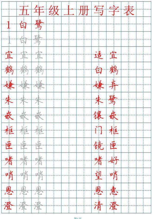 部编五年级上册语文田字格写字表,抓紧为孩子下载练习