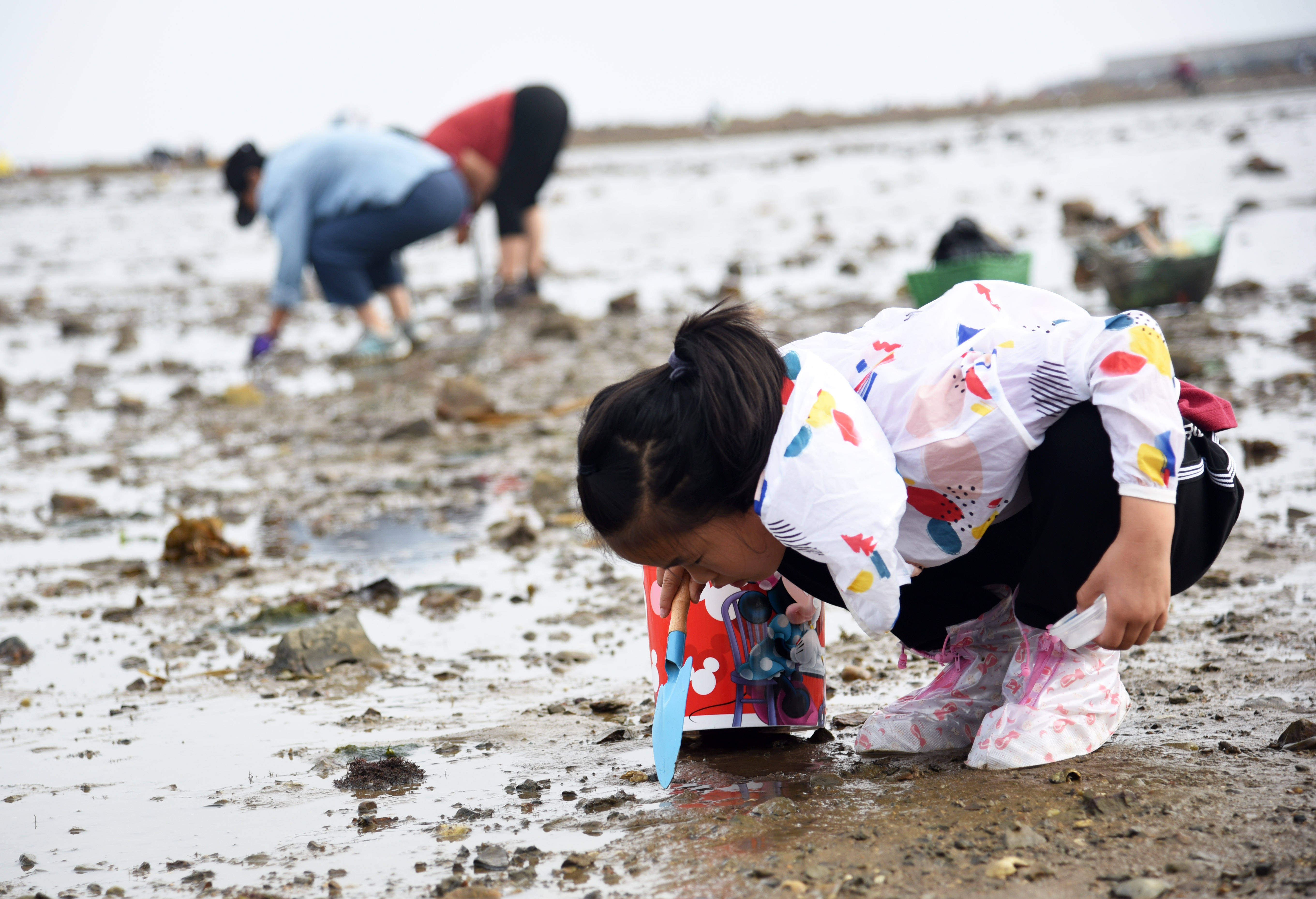 7月17日,小朋友在山东省荣成市一处海滩上赶海.