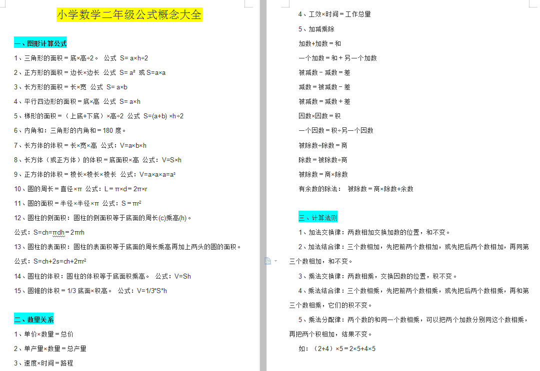 【电子版】小学数学二年级公式概念大全,数学老师总结