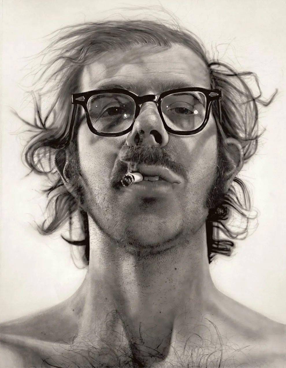 【美】 查克·克洛斯 (chuck close) 《抽烟自画像》 布面丙烯 1968