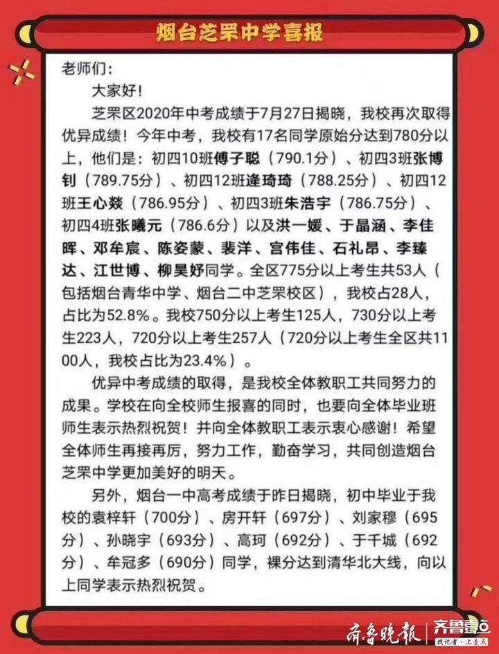 最高分|中考喜报！芝罘中学17人过780分！最高分傅子聪790.1